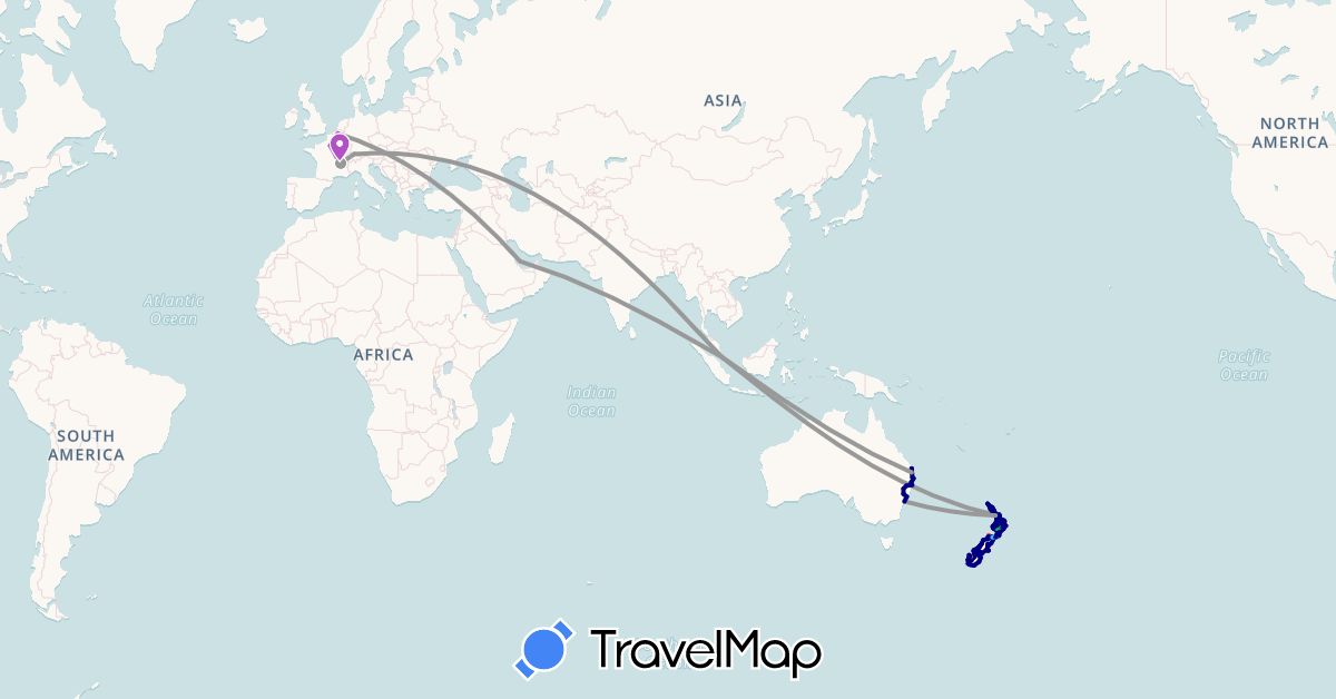 TravelMap itinerary: driving, bus, plane, train, hiking, boat in Australia, Belgium, Switzerland, France, Malaysia, New Zealand, Qatar, Singapore (Asia, Europe, Oceania)